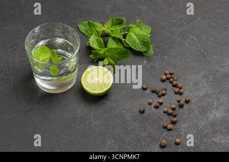 Glas Wasser und Minze. Halbe Limette und Minzzweige auf dem Tisch. Schwarzer Hintergrund. Draufsicht. Stockfoto