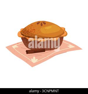 Kürbiskuchen auf Tischtuch mit Zimtgewürz. Vector Halloween-Leckerbissen oder Thanksgiving-Dessert, Herbstsüße oder saisonale Mahlzeit für Feiertage und Feiertage. Bäckerei und Gebäck für die Ernährung. Ländliche Lebensmittel. Stock Vektor