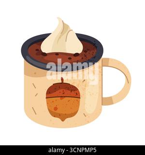 Heißes Schokoladengetränk mit Sahne in der Tasse. Vektor-Winter- oder Herbstgetränk mit Kakao und geschlagenem Marshmallow. Dessert oder Leckerli in Becher. Duftender Café-Snack. Rezept oder Menüelement. Flaches Clipart für den Herbst. Stock Vektor