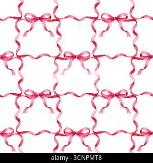Nahtloser Hintergrund mit rosafarbenen Schleifen in schlichtem Stil. Handgezeichnete Abbildung. Stockfoto