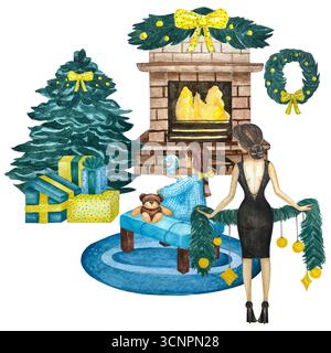 Aquarellkarte mit weihnachtsbaum, weihnachtskranz, Geschenken und Mädchen. Aquarellabbildung für Grußkarte und Einladung. Winter h Stockfoto