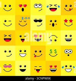 Set aus kreativen quadratischen Emoticons als nahtloses Muster. Modernes Design. Süßer Hintergrund mit lustigen gelben Gesichtern. Sammlung von gelben Emojis Stock Vektor