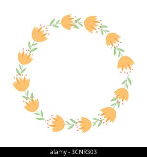 Blumenkranz mit gelben Blumen und grünen Blättern isoliert auf weißem Hintergrund eleganter botanischer Rahmen für Hochzeit und Grußkarte Design Stock Vektor