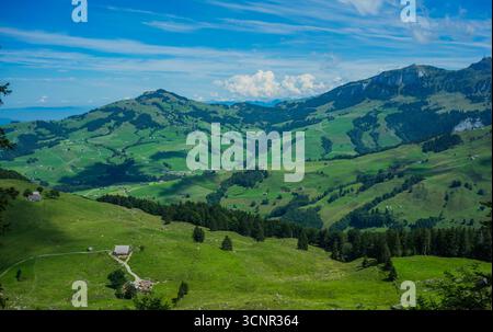 Sanfte grüne Hügel und gewundene Straßen unter blauem Himmel in der Schweiz Stockfoto