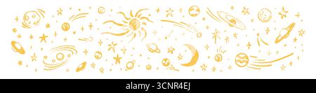 Handgezeichneter Buntstift gelbe Schießsterne, Nebel, Planeten, Kometen auf weißem Hintergrund. Zeichnung mit goldenem Pinsel. Pastell- und Kreidekind, Stock Vektor