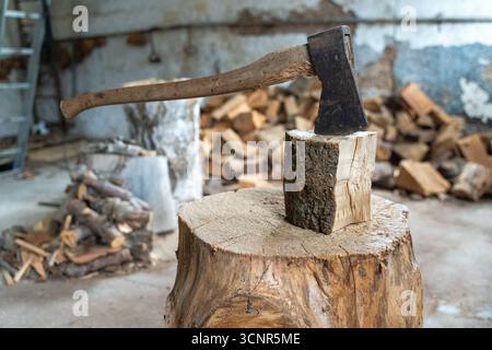 Deutschland - 21. September 2025: Eine Axt steckt in einem Baumstamm fest. Das Bild macht deutlich: Holzhacken birgt ein erhebliches Unfallrisiko, von Schnitten bis hin zu schweren Unfällen im Haushalt. *** Eine Axt steckt im Holzscheit. Das Bild macht deutlich: Beim Holzhacken entstehen erhebliche Unfallgefahren von Schnittverletzungen bis hin zu schweren Arbeitsunfällen im Haushalt. Stockfoto