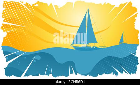 Segelboote auf den Wellen bei Sonnenuntergang Vektor Illustration Stock Vektor