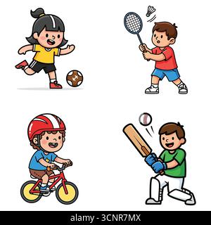 Kinder Spielen Sport Vektor Illustration - Fußball, Badminton, Radfahren, Cricket Cartoon Stock Vektor