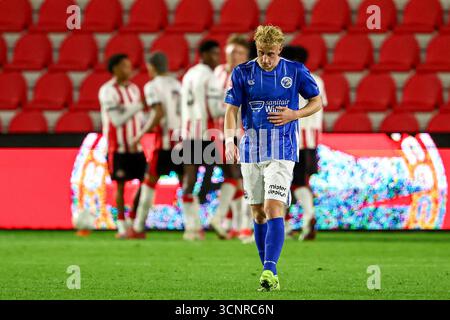 Eindhoven, Niederlande. September 2025. EINDHOVEN, 22.09.2025, PSV Campus de Herdgang, Saison 2025/2026, niederländischer Keuken Kampioen Divisie Football, Spiel zwischen Jong PSV und den Bosch, Foto zeigt enttäuschten Spieler FC den Bosch Spieler Mees Laros Credit: Pro Shots/Alamy Live News Stockfoto