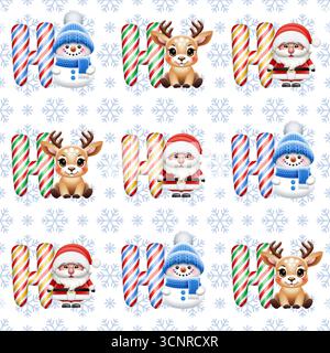 Ho-Ho-Ho. Nahtloses Weihnachtsmuster. Lustige Zeichentrickfiguren von Santa Claus, Rentieren und Schneemännern auf einem Schneeflocken-Hintergrund. Tileable-Muster. Stockfoto