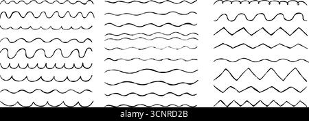 Wellwellen. Strukturiertes handgezeichnetes Set mit Linien-Doodle. Isolierter Zickzack, Wellenmuster, horizontale Unterstreichung, wellig, dünne Linie im Hintergrund Stock Vektor