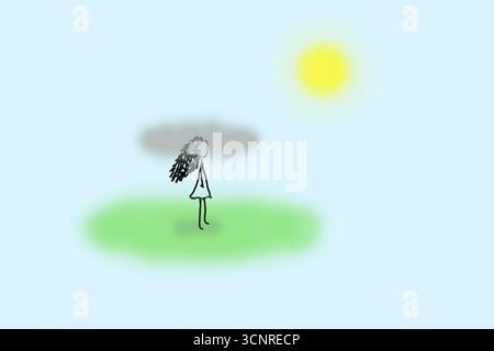 Eine einfache Stabfigur steht auf grünem Gras unter sonnigem Himmel und sanfter Wolke Stockfoto