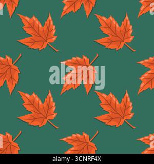 Ahornbaum hinterlässt ein nahtloses Muster. Illustration der Herbstsaison. Flache Zeichentrick Eicheln und Herbstblätter auf grünem Hintergrund. Stock Vektor