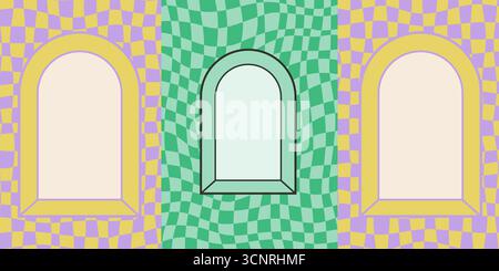 Psychedelischer Hintergrund mit Karomuster und gewölbten Rahmenfenstern in Pastellgrün, Gelb und Lila. Psychedelische Rahmenfenstergestaltung in Groovy Stock Vektor