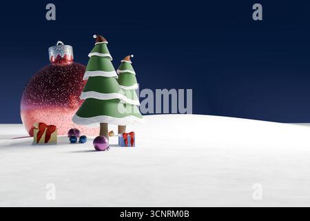 3D-Darstellung von niedrigen Poly-weihnachtsbäumen, Geschenken und riesigen, spitzenförmigen Ornamenten Stockfoto