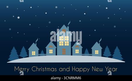 Weihnachtsabend über einem Dorf, geschnitten in Papierschnitt. Häuser und Tannen gegen den Nachthimmel. Frohe Weihnachten und frohes neues Jahr 2026 Stock Vektor