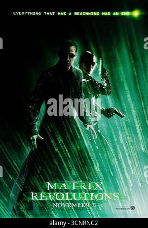 The Matrix Revolutions (2003) von Lana Wachowski und Lilly Wachowski mit Keanu Reeves, Carrie-Anne Moss und Laurence Fishburne. Der finale Kampf zwischen Mensch und Maschine entfaltet sich, während Neo seinem ultimativen Schicksal gegenübersteht. Foto eines Original-Posters aus dem Jahr 2003 (US Advance Poster), das NUR ZUR REDAKTIONELLEN VERWENDUNG VERWENDET WIRD. Quelle: BFA / Warner Bros Stockfoto