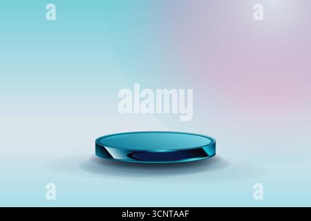 Minimalistisches, blaues 3D-Glaspodium mit zylindrischem Podium auf pastellfarbenem Hintergrund für Produktpräsentation und Branding Stock Vektor