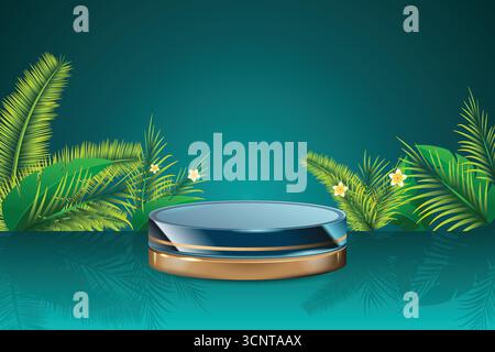 Blaue und goldene Produktpodeste vor einem Hintergrund mit üppigem Palmblatt schaffen ein frisches und tropisches Ambiente Stock Vektor