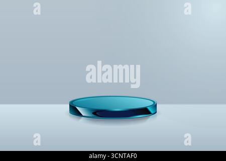 Transparentes Glaspodium mit abstrakten Kunstobjekten. Ständer, um Produkte mit Kopierraum zu zeigen. Bannergröße. Vorlage für Website-Cover. 3D-Rendering Stock Vektor