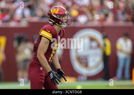 Landover, Maryland, USA. September 2025. Luke McCaffrey (11), der im Spiel zwischen den Las Vegas Raiders und den Washington Commanders in Landover (Maryland) gespielt wurde. Cory Royster/Cal Sport Media/Alamy Live News Stockfoto