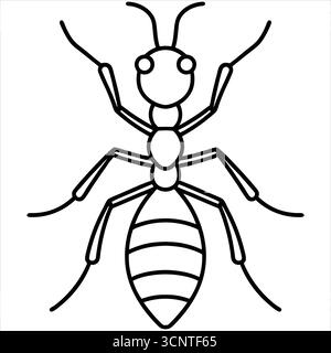 Eine schwarz-weiße Linienzeichnung einer Ameise, von oben betrachtet, die ihren segmentierten Körper, sechs Beine und Antennen zeigt. Stock Vektor
