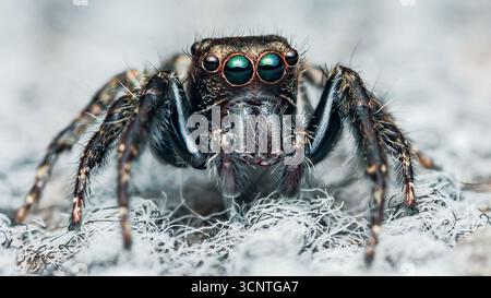 Nahaufnahme einer springenden Spinne mit großen grünen Augen und schillernden Chelicerae, die auf einer weißen Oberfläche mit dünnen Filamenten steht und eine markante Kontur erzeugt Stockfoto