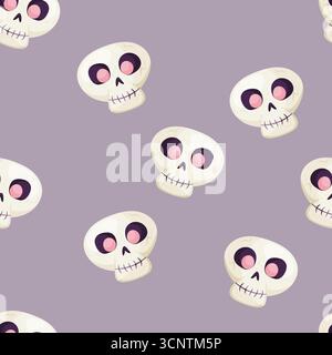 Nahtloses Halloween-Skulls-Muster mit rosa Augen auf lilafarbenem Hintergrund Stock Vektor