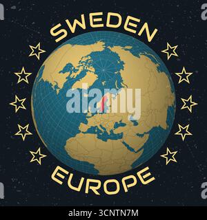 Schweden auf Globe. Ländername in rundem Text. Vintage-Look mit zerkratzter Grunge-Textur. Stock Vektor