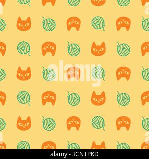 Niedliches nahtloses Muster aus Katze und Garn Stock Vektor