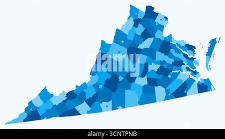 Karte von Virginia mit Countys. Nur eine einfache Grenzkarte mit Bezirksverteilung. Hellblaue Farbpalette. Stock Vektor