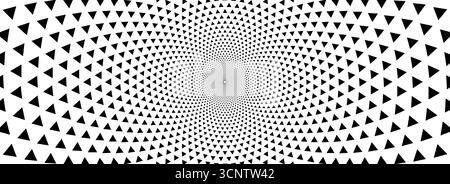 Dreieckiger optischer Illusionshintergrund. Schwarz-weiße hypnotische rotierende Dreiecke Oberfläche. Poster mit drehbarem Spiralpfeil. Abstrakte, trippige Illusiontapete für Banner und Vorlagen. Vektor Stock Vektor
