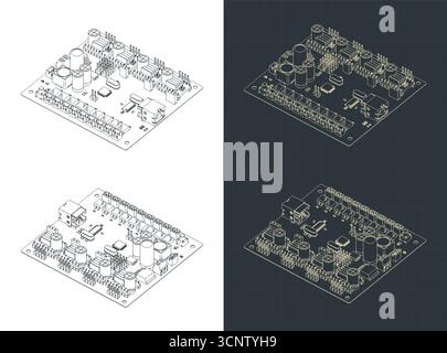 Isometrische Zeichnungen der CNC-Hauptplatine stilisierte Vektorabbildungen Stock Vektor