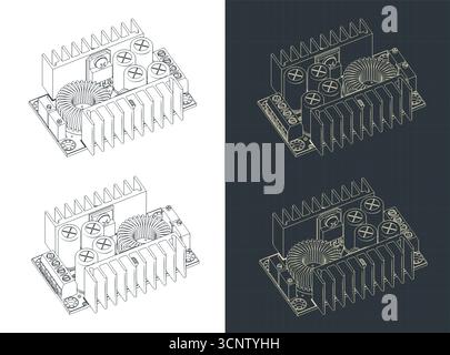 Isometrische Zeichnungen von DC-Netzteilen stilisierte Vektorabbildungen Stock Vektor