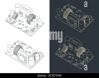CNC DC einstellbares Abwärtsnetzteil Spannungsregler isometrische Zeichnungen stilisierte Vektorabbildungen Stock Vektor