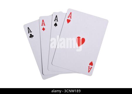 Satz von vier Assen Spielkarten Anzüge isoliert auf weißem Hintergrund Stockfoto