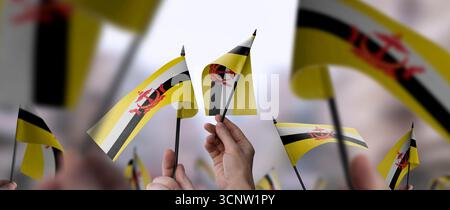 Brunei-Fahnen in den Händen auf einem verschwommenen urbanen Hintergrund Stockfoto