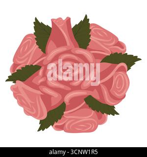 Eine Komposition aus sechs staubigen rosa Rosen, einer Knospe und Blättern, die in einem Kreis angeordnet sind. Vektorillustration auf weißem Hintergrund. Stock Vektor