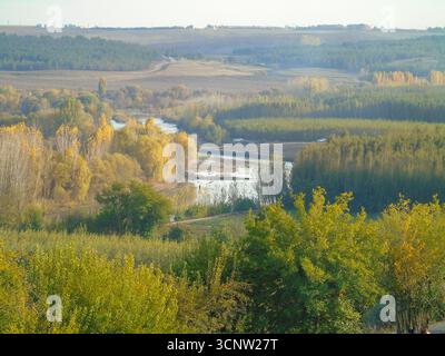 Der Fluss Tigris fließt durch die grünen Felder der Hevcel Gardens in Diyarbakir, Türkei Stockfoto