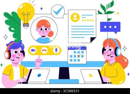 Remote-Bewerbungsgespräch über Video-Call-Illustration mit Kommunikation von HR und Kandidaten für Personalbeschaffung und Einstellung in Remote-Arbeit im Hintergrund Stock Vektor