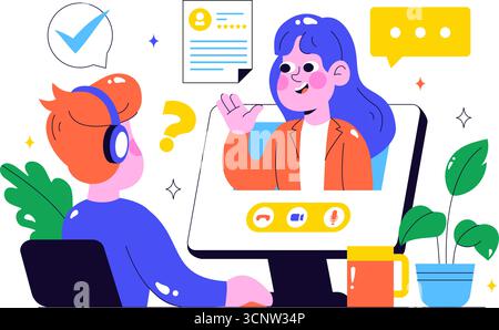 Remote-Bewerbungsgespräch über Video-Call-Illustration mit Kommunikation von HR und Kandidaten für Personalbeschaffung und Einstellung in Remote-Arbeit im Hintergrund Stock Vektor