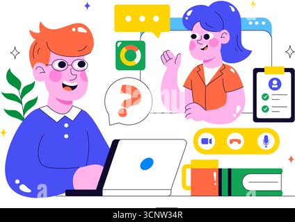 Remote-Bewerbungsgespräch über Video-Call-Illustration mit Kommunikation von HR und Kandidaten für Personalbeschaffung und Einstellung in Remote-Arbeit im Hintergrund Stock Vektor