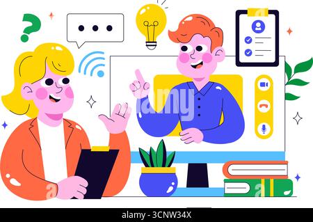 Remote-Bewerbungsgespräch über Video-Call-Illustration mit Kommunikation von HR und Kandidaten für Personalbeschaffung und Einstellung in Remote-Arbeit im Hintergrund Stock Vektor