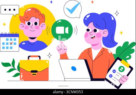 Remote-Bewerbungsgespräch über Video-Call-Illustration mit Kommunikation von HR und Kandidaten für Personalbeschaffung und Einstellung in Remote-Arbeit im Hintergrund Stock Vektor