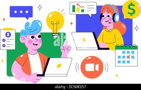 Remote-Bewerbungsgespräch über Video-Call-Illustration mit Kommunikation von HR und Kandidaten für Personalbeschaffung und Einstellung in Remote-Arbeit im Hintergrund Stock Vektor