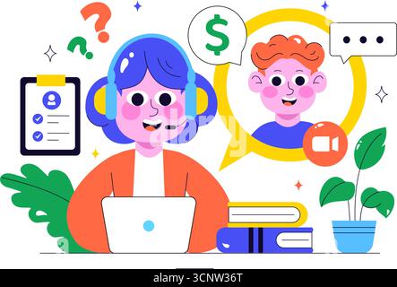 Remote-Bewerbungsgespräch über Video-Call-Illustration mit Kommunikation von HR und Kandidaten für Personalbeschaffung und Einstellung in Remote-Arbeit im Hintergrund Stock Vektor