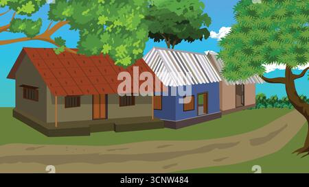 Malerische Dorfhäuser unter üppigen Bäumen laden zu einem friedlichen ländlichen Leben und einfachem Charme ein, perfekt für Hintergrundbilder und Geschichtenerzählungen Stock Vektor