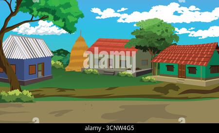 Bezaubernde Dorfszene mit farbenfrohen Häusern, üppigen Bäumen und einem Heuhaufen unter einem hellblauen Himmel, perfekt für die Illustration des ländlichen Lebens und des friedlichen Landes Stock Vektor