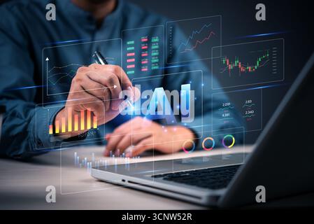 KI- und Datenanalyse für Finanzberichte mit digitalen Diagrammen, Dashboard und virtueller Schnittstelle auf Laptop. Künstliche Intelligenz und Big Data. busine Stockfoto