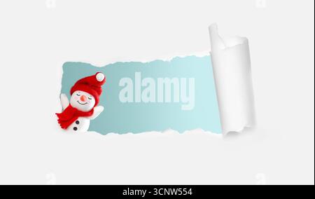 Minimales Weihnachtsbanner mit Schneemann, zerrissenem Papier und Kopierraum. Ideal für Grußkarten, Poster, Flyer, soziale Medien und Werbeanzeigen. Stockfoto